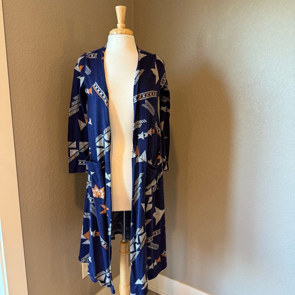 LuLaRoe Navy Geometric Print Long Open Front Cardigan Small